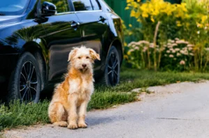 Fluffy beige dog sitting on a sidewalk beside a parked black SUV with a garden in the background.